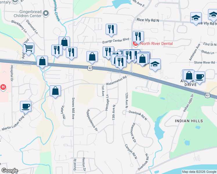 map of restaurants, bars, coffee shops, grocery stores, and more near 1404-1412 Bariwood Drive in Tuscaloosa