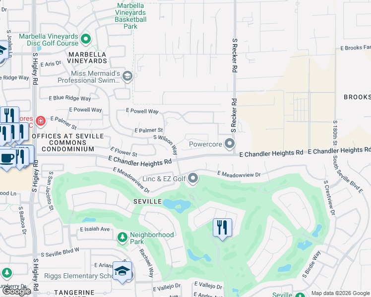 map of restaurants, bars, coffee shops, grocery stores, and more near 3787 East Flower Court in Gilbert