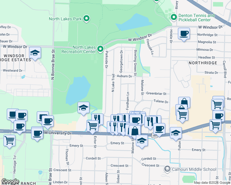 map of restaurants, bars, coffee shops, grocery stores, and more near 2000 North Lake Trail in Denton