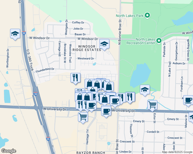map of restaurants, bars, coffee shops, grocery stores, and more near Cerros Lane in Denton