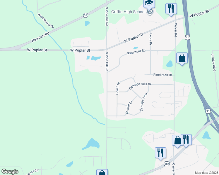 map of restaurants, bars, coffee shops, grocery stores, and more near 424 South Pine Hill Road in Griffin