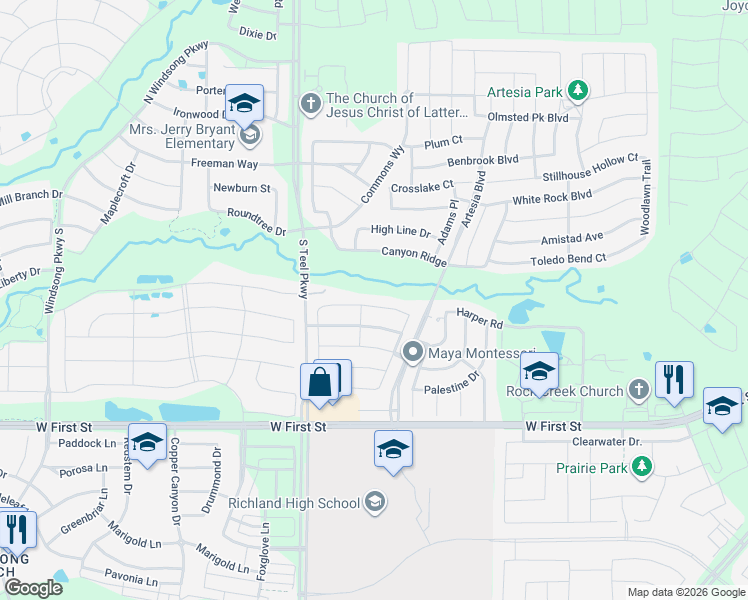 map of restaurants, bars, coffee shops, grocery stores, and more near 16004 Gladewater Terrace in Prosper