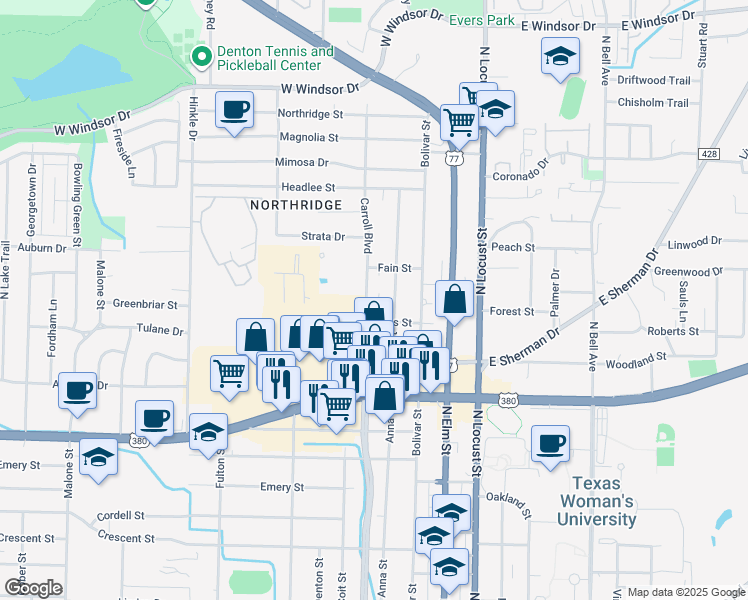 map of restaurants, bars, coffee shops, grocery stores, and more near 2212 North Carroll Boulevard in Denton