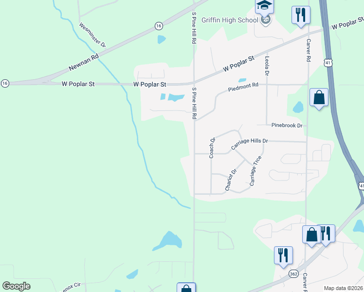 map of restaurants, bars, coffee shops, grocery stores, and more near 463 South Pine Hill Road in Griffin