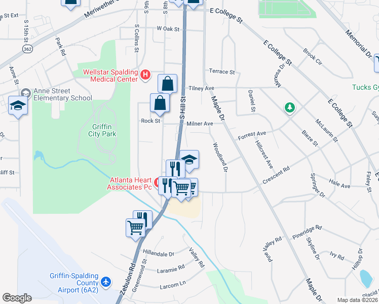 map of restaurants, bars, coffee shops, grocery stores, and more near 708 South Hill Street in Griffin
