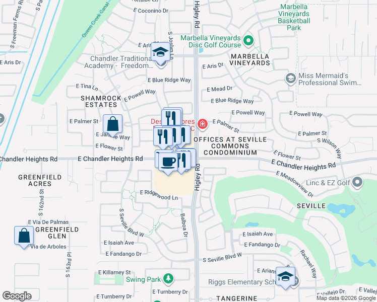 map of restaurants, bars, coffee shops, grocery stores, and more near 16485-16799 E Chandler Heights Rd in Gilbert