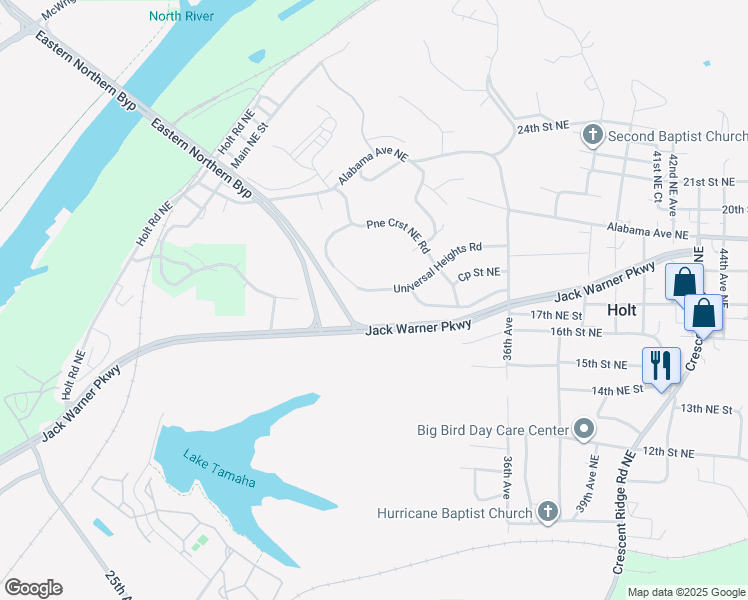 map of restaurants, bars, coffee shops, grocery stores, and more near 3111 Universal Heights Road in Tuscaloosa