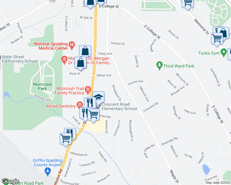 map of restaurants, bars, coffee shops, grocery stores, and more near 718 Woodland Drive in Griffin