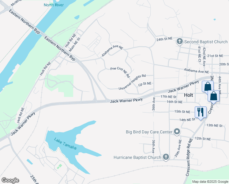 map of restaurants, bars, coffee shops, grocery stores, and more near 3111 Universal Heights Road in Tuscaloosa
