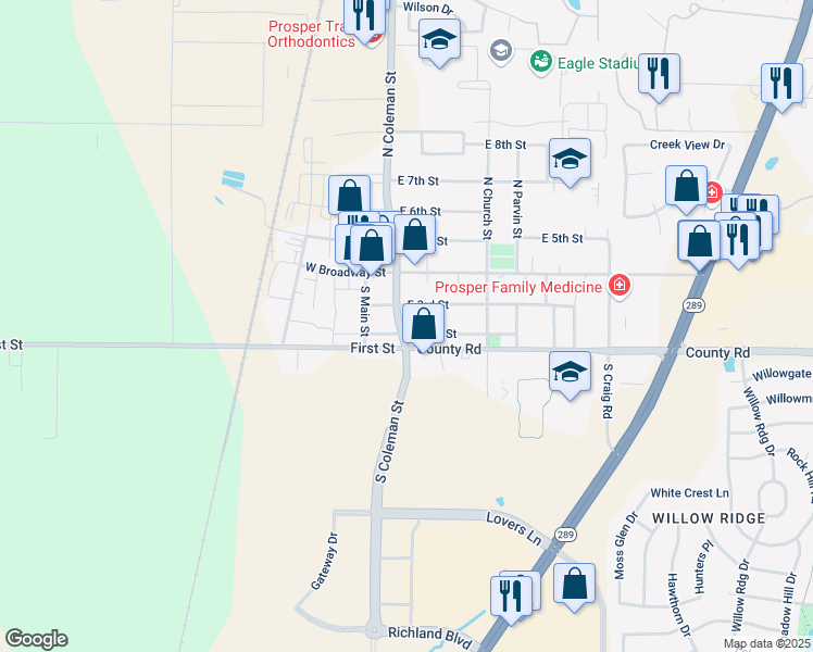 map of restaurants, bars, coffee shops, grocery stores, and more near 104 East 2nd Street in Prosper