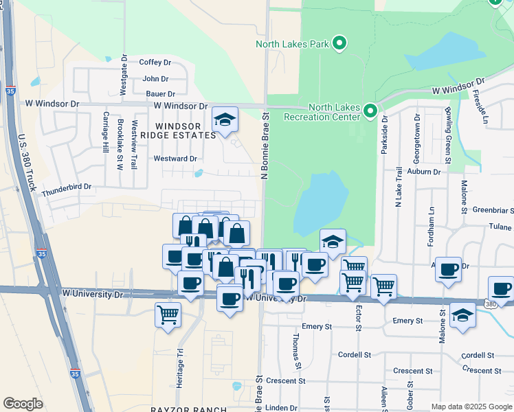 map of restaurants, bars, coffee shops, grocery stores, and more near 2004 Ladera Lane in Denton