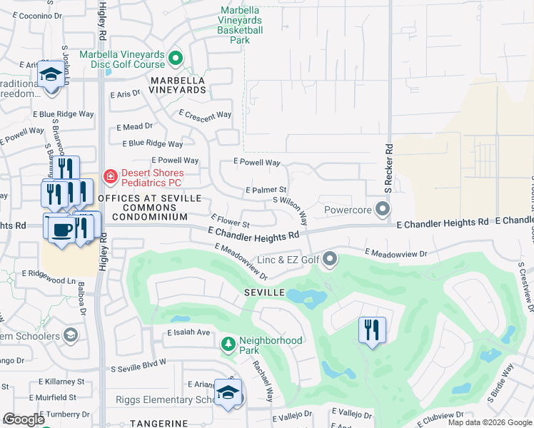map of restaurants, bars, coffee shops, grocery stores, and more near 3659 East Janelle Way in Gilbert
