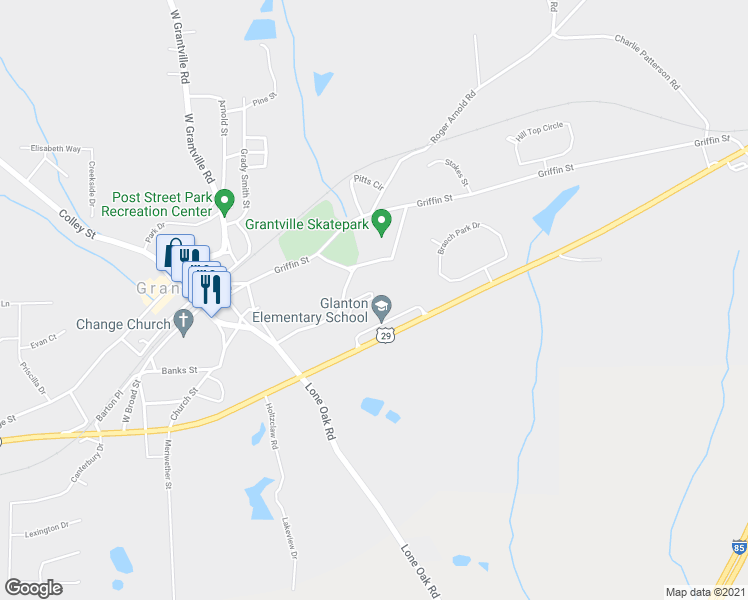 map of restaurants, bars, coffee shops, grocery stores, and more near 357 Griffin Street in Grantville