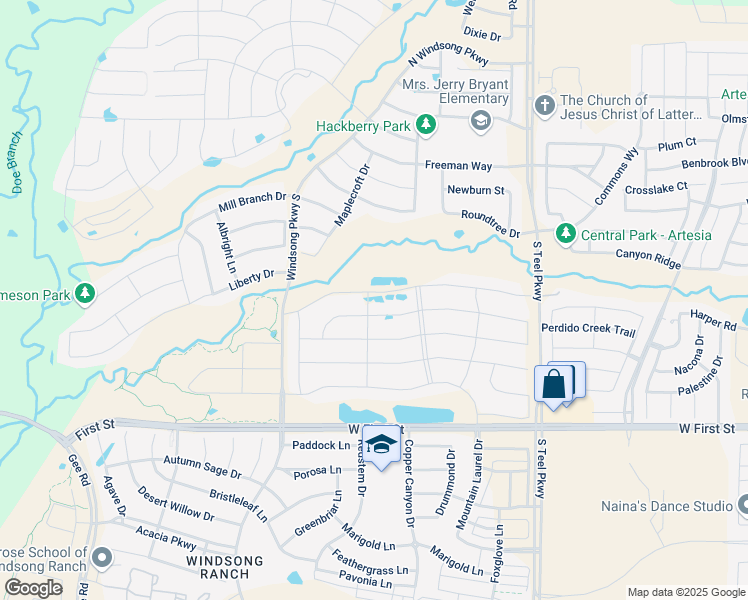 map of restaurants, bars, coffee shops, grocery stores, and more near 4071 Pepper Grass Lane in Prosper