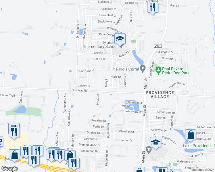 map of restaurants, bars, coffee shops, grocery stores, and more near 1606 Mary Lane in Aubrey