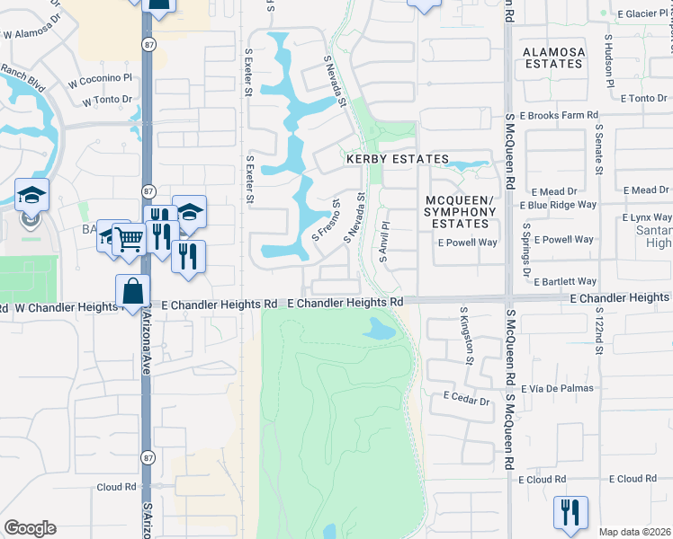 map of restaurants, bars, coffee shops, grocery stores, and more near 537 East San Carlos Way in Chandler