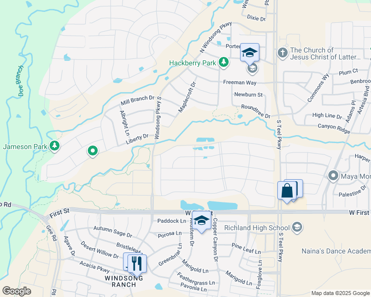 map of restaurants, bars, coffee shops, grocery stores, and more near 4140 Blue Sage Drive in Prosper