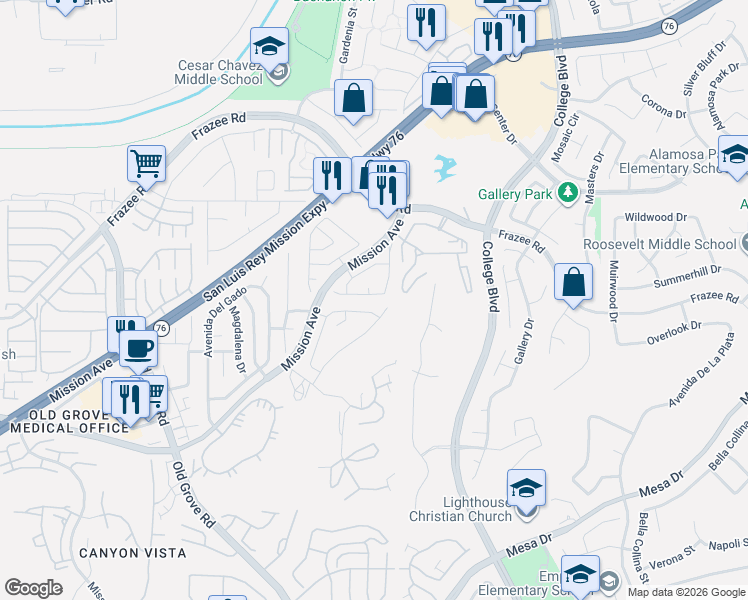 map of restaurants, bars, coffee shops, grocery stores, and more near 272 Manzanilla Way in Oceanside