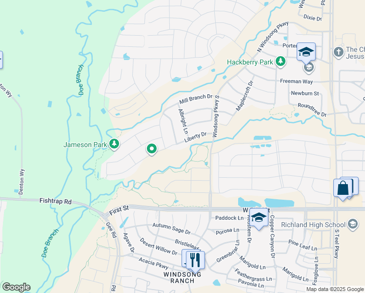 map of restaurants, bars, coffee shops, grocery stores, and more near 4451 Liberty Drive in Prosper