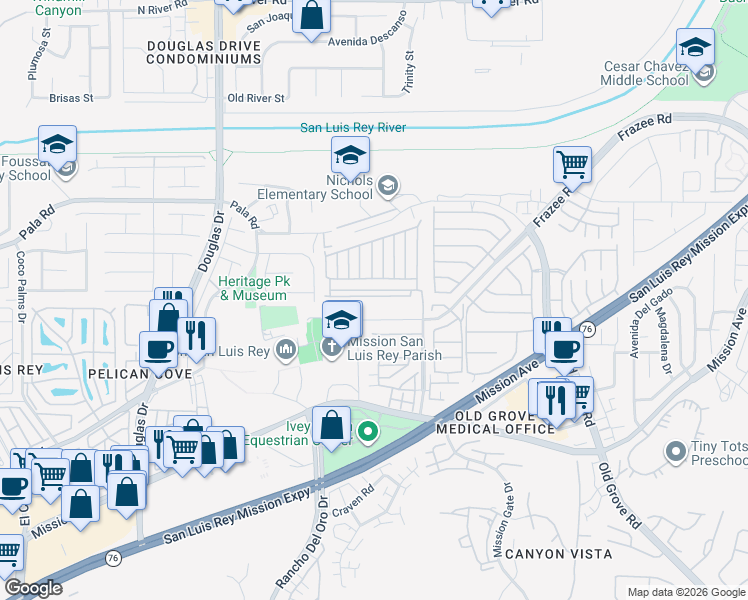 map of restaurants, bars, coffee shops, grocery stores, and more near 12 Oriole Lane in Oceanside