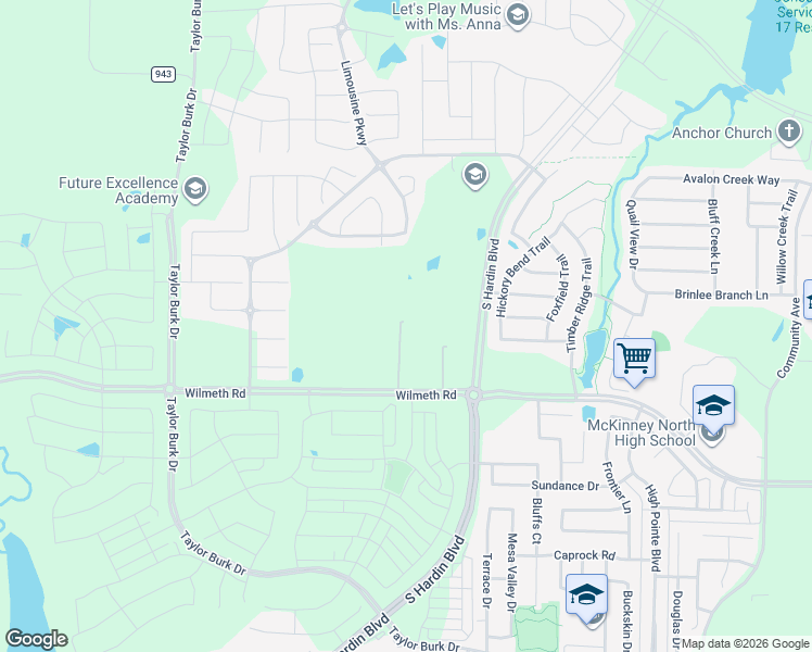 map of restaurants, bars, coffee shops, grocery stores, and more near 2174 County Road 943 in McKinney