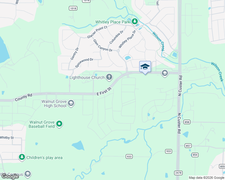 map of restaurants, bars, coffee shops, grocery stores, and more near 3602 East 1st Street in Prosper
