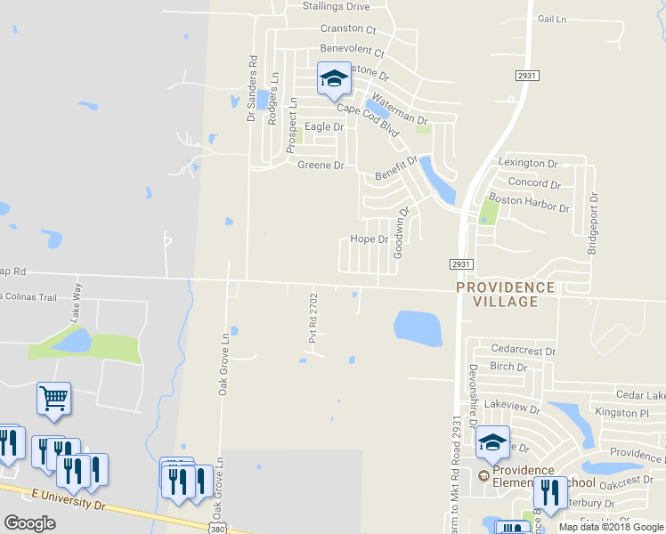 map of restaurants, bars, coffee shops, grocery stores, and more near 1609 Mary Lane in Aubrey