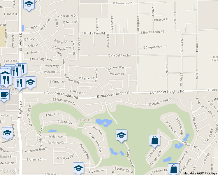 map of restaurants, bars, coffee shops, grocery stores, and more near 3787 East Flower Court in Gilbert