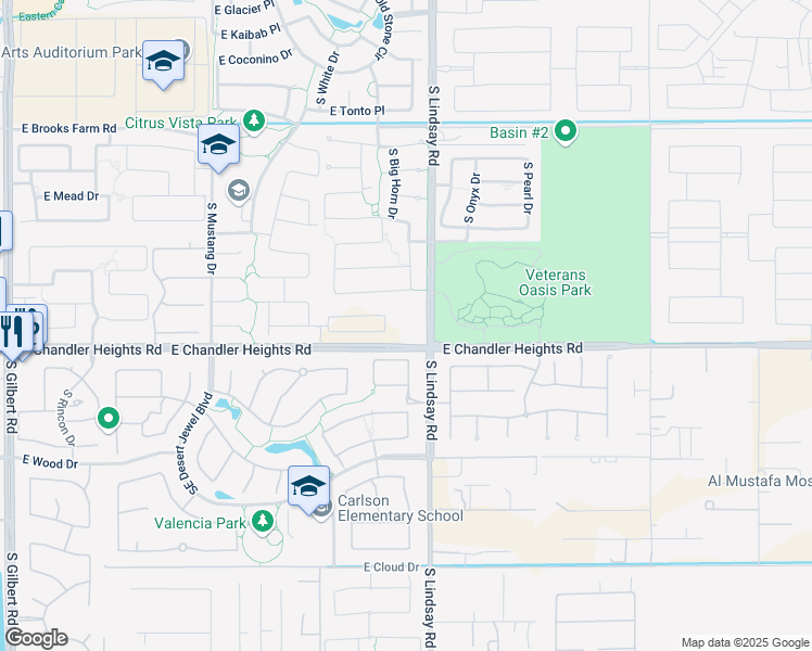 map of restaurants, bars, coffee shops, grocery stores, and more near 14328 East Chandler Heights Road in Chandler