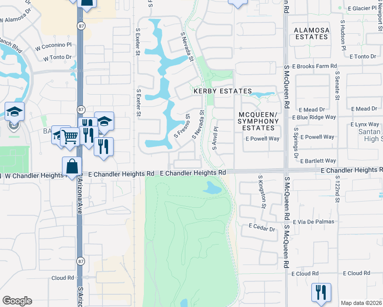 map of restaurants, bars, coffee shops, grocery stores, and more near 519 East Rainbow Drive in Chandler