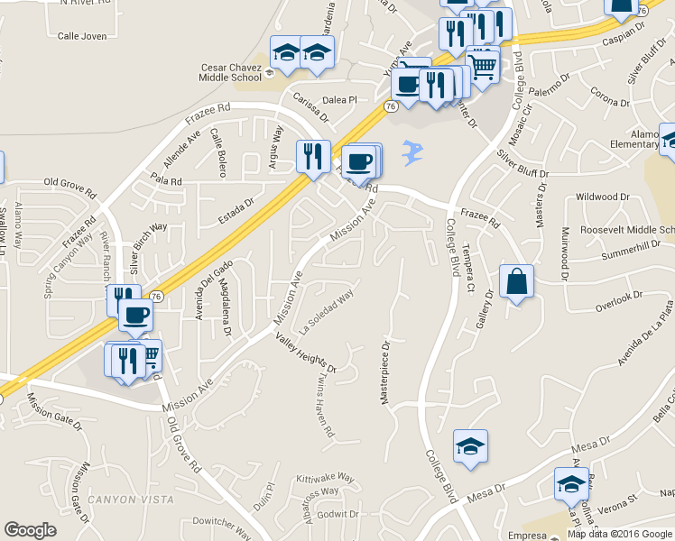 map of restaurants, bars, coffee shops, grocery stores, and more near 311 La Purisma Way in Oceanside