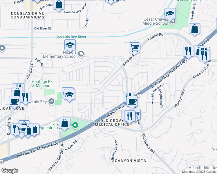 map of restaurants, bars, coffee shops, grocery stores, and more near 294 Spring Canyon Way in Oceanside