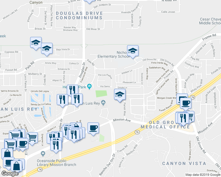 map of restaurants, bars, coffee shops, grocery stores, and more near 4108 Mission Avenue in Oceanside