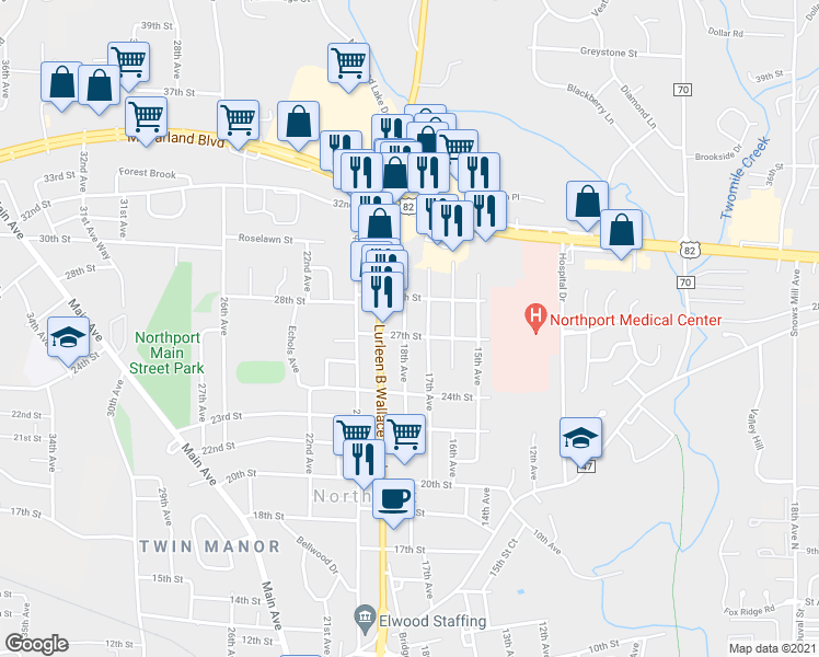 map of restaurants, bars, coffee shops, grocery stores, and more near 1803 27th St in Northport