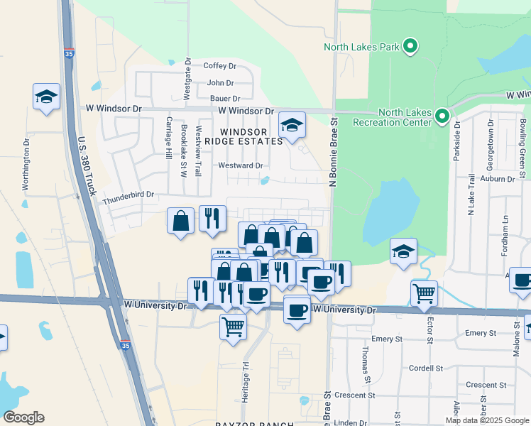 map of restaurants, bars, coffee shops, grocery stores, and more near 2640 West University Drive in Denton