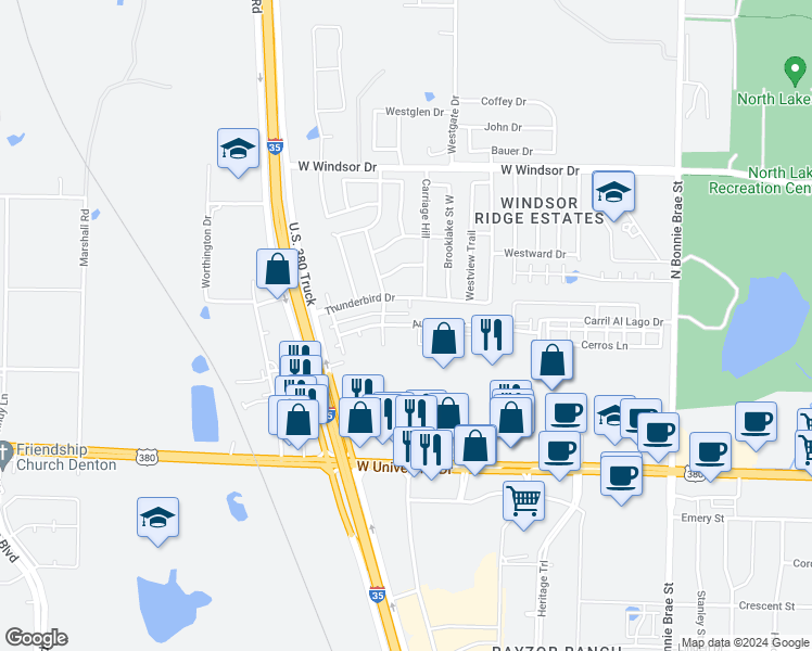 map of restaurants, bars, coffee shops, grocery stores, and more near 1509 Augusta Drive in Denton