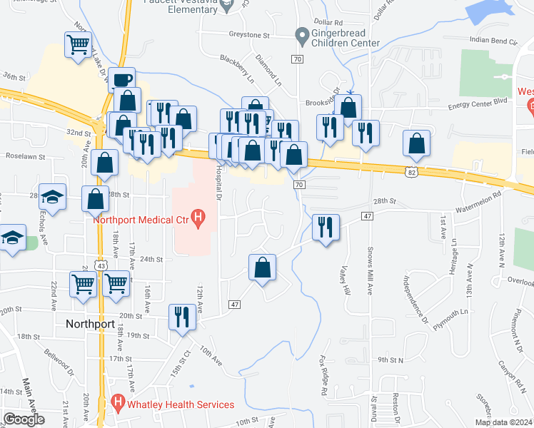 map of restaurants, bars, coffee shops, grocery stores, and more near 2751 Meadowlark Lane in Northport