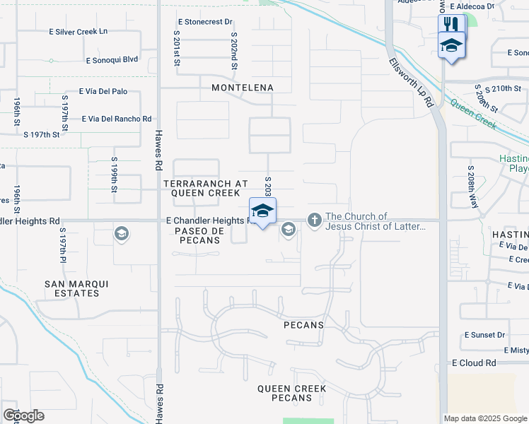 map of restaurants, bars, coffee shops, grocery stores, and more near 20305 East Cll De Flores in Queen Creek