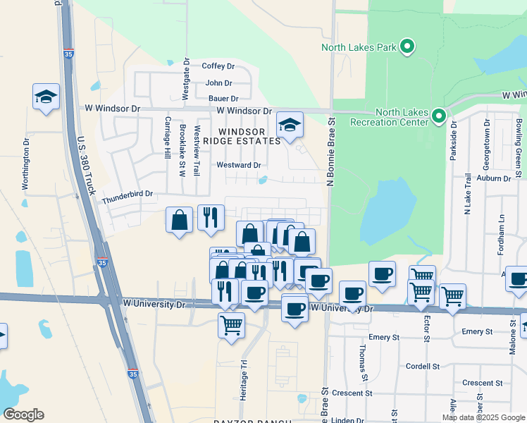 map of restaurants, bars, coffee shops, grocery stores, and more near 2553 Carril Al Lago Drive in Denton
