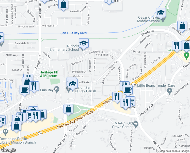 map of restaurants, bars, coffee shops, grocery stores, and more near 4305 Black Canyon Way in Oceanside