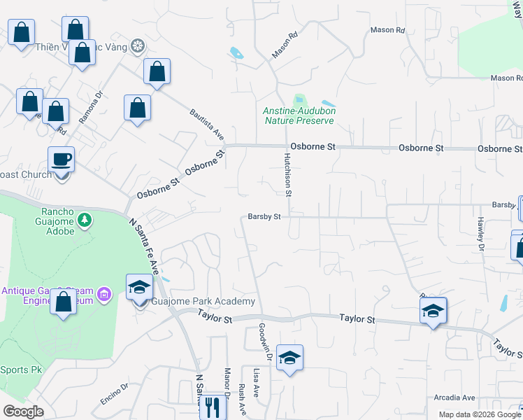 map of restaurants, bars, coffee shops, grocery stores, and more near 336 Barsby Street in Vista