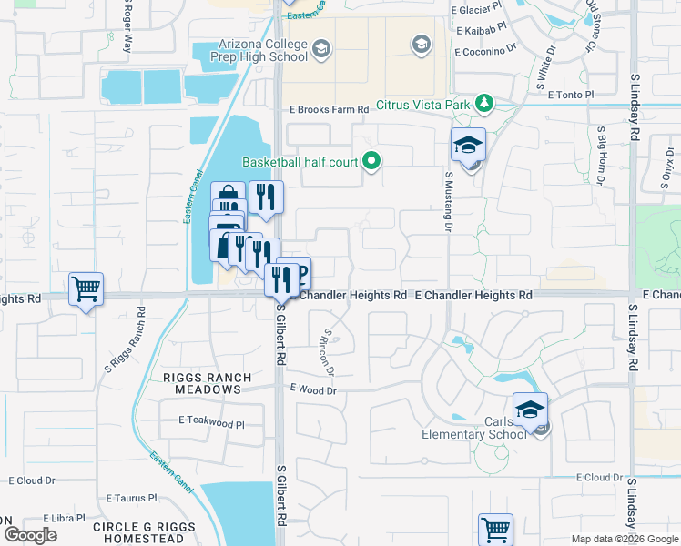 map of restaurants, bars, coffee shops, grocery stores, and more near 4981 South Rincon Drive in Chandler