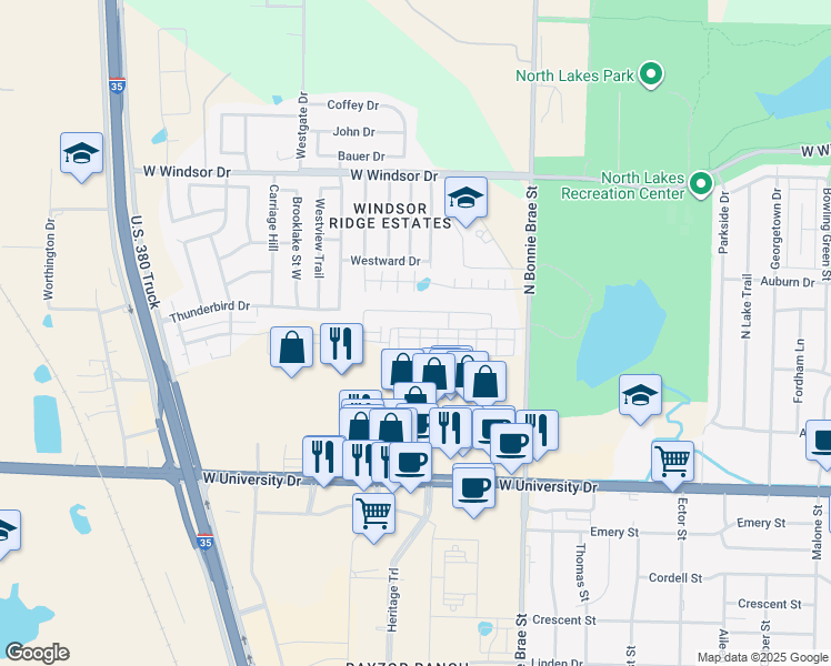 map of restaurants, bars, coffee shops, grocery stores, and more near 2553 Carril Al Lago Drive in Denton