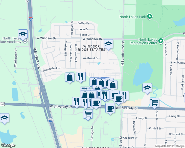 map of restaurants, bars, coffee shops, grocery stores, and more near 2640 West University Drive in Denton