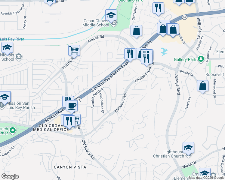 map of restaurants, bars, coffee shops, grocery stores, and more near 242 Avenida Marguarita in Oceanside