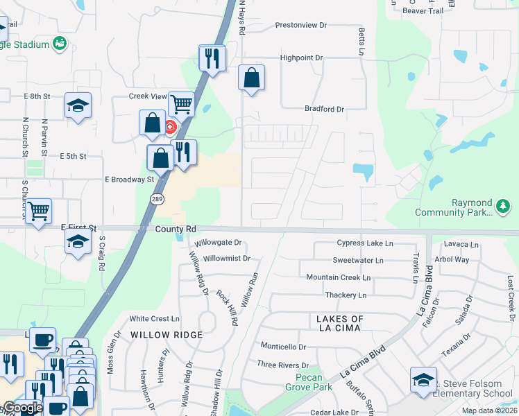 map of restaurants, bars, coffee shops, grocery stores, and more near 230 Shady Creek Drive in Prosper