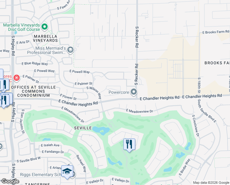 map of restaurants, bars, coffee shops, grocery stores, and more near 3845 East Flower Street in Gilbert