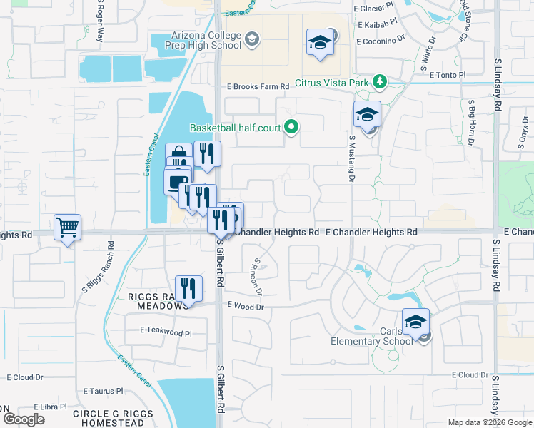 map of restaurants, bars, coffee shops, grocery stores, and more near 4981 South Rincon Drive in Chandler