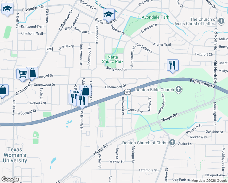 map of restaurants, bars, coffee shops, grocery stores, and more near in Denton