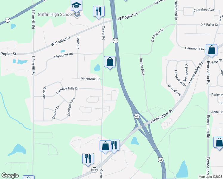 map of restaurants, bars, coffee shops, grocery stores, and more near 1582 Louise Anderson Drive in Griffin